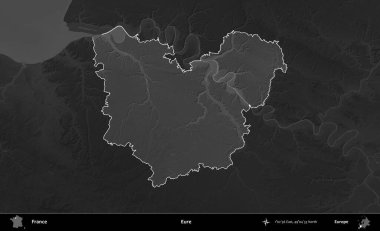 Eure. Fransa 'nın idari alanı kararmış bir gri tonlama yükselme haritasına vurgulandı ve özetlendi