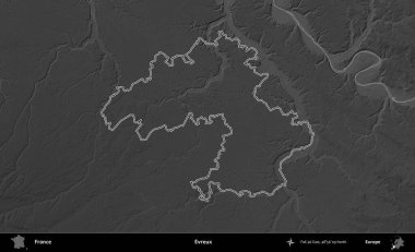 Evreux. Gri tonlu yükseklik haritasında Fransa 'nın idari bölgesinin ana hatları çizilmiş