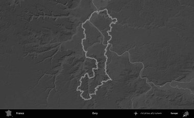 Evry. Gri tonlu yükseklik haritasında Fransa 'nın idari bölgesinin ana hatları çizilmiş