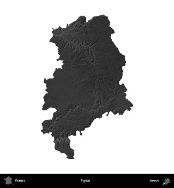 Figeac. Fransa 'nın idari bölgesi gri ölçekli yükseklik haritasında beyaza izole edildi