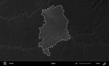 Figeac. Fransa 'nın idari alanı kararmış bir gri tonlama yükselme haritasına vurgulandı ve özetlendi