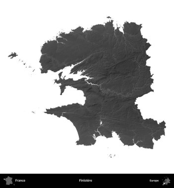 Finistere. Fransa 'nın idari bölgesi gri ölçekli yükseklik haritasında beyaza izole edildi