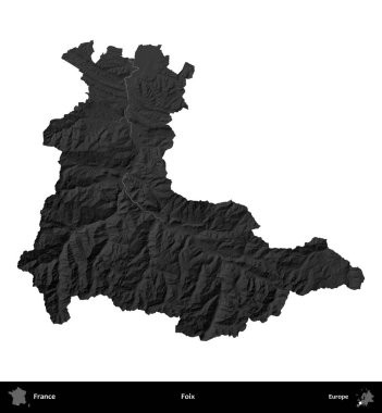 Foix. Fransa 'nın idari bölgesi gri ölçekli yükseklik haritasında beyaza izole edildi