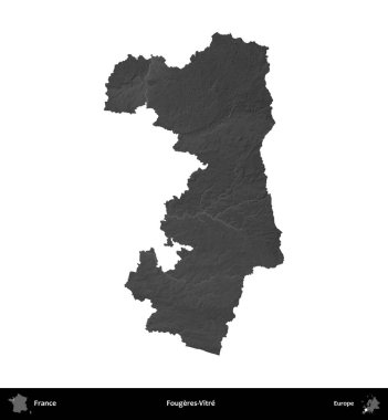 Fougeres-Vitre. Fransa 'nın idari bölgesi gri ölçekli yükseklik haritasında beyaza izole edildi