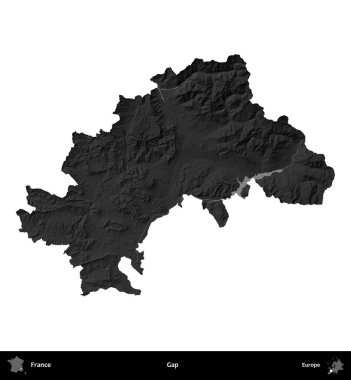 Boşluk. Fransa 'nın idari bölgesi gri ölçekli yükseklik haritasında beyaza izole edildi