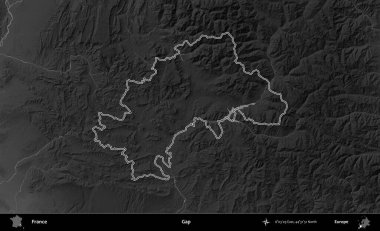 Boşluk. Gri tonlu yükseklik haritasında Fransa 'nın idari bölgesinin ana hatları çizilmiş