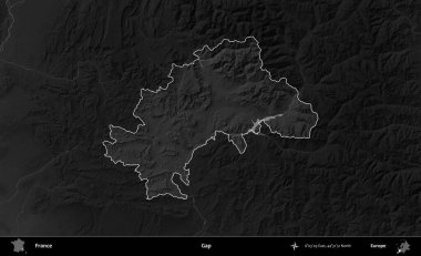 Boşluk. Fransa 'nın idari alanı kararmış bir gri tonlama yükselme haritasına vurgulandı ve özetlendi