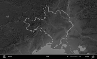 Gard. Gri tonlu yükseklik haritasında Fransa 'nın idari bölgesinin ana hatları çizilmiş