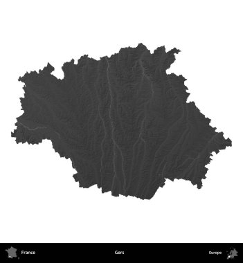 Gers. Fransa 'nın idari bölgesi gri ölçekli yükseklik haritasında beyaza izole edildi