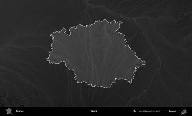 Gers. Fransa 'nın idari alanı kararmış bir gri tonlama yükselme haritasına vurgulandı ve özetlendi