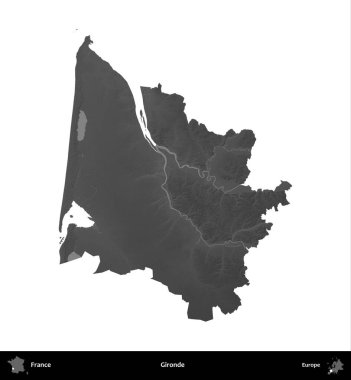 Gironde. Fransa 'nın idari bölgesi gri ölçekli yükseklik haritasında beyaza izole edildi