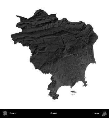 Grasse. Fransa 'nın idari bölgesi gri ölçekli yükseklik haritasında beyaza izole edildi