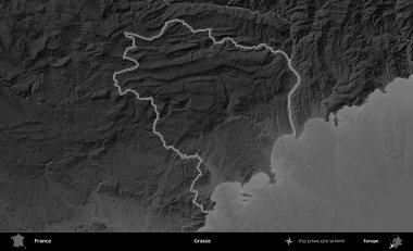 Grasse. Gri tonlu yükseklik haritasında Fransa 'nın idari bölgesinin ana hatları çizilmiş