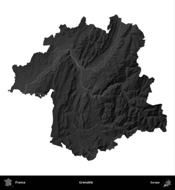Grenoble. Fransa 'nın idari bölgesi gri ölçekli yükseklik haritasında beyaza izole edildi