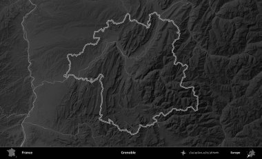 Grenoble. Gri tonlu yükseklik haritasında Fransa 'nın idari bölgesinin ana hatları çizilmiş