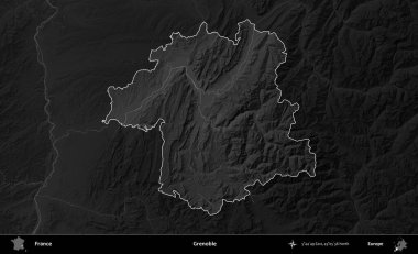 Grenoble. Fransa 'nın idari alanı kararmış bir gri tonlama yükselme haritasına vurgulandı ve özetlendi