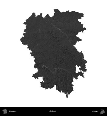 Gueret. Fransa 'nın idari bölgesi gri ölçekli yükseklik haritasında beyaza izole edildi