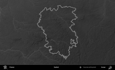 Gueret. Gri tonlu yükseklik haritasında Fransa 'nın idari bölgesinin ana hatları çizilmiş
