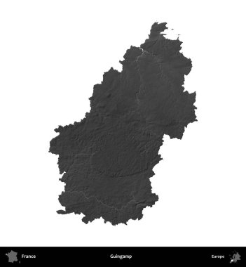 Guingamp. Fransa 'nın idari bölgesi gri ölçekli yükseklik haritasında beyaza izole edildi