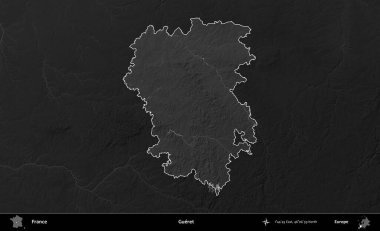 Gueret. Fransa 'nın idari alanı kararmış bir gri tonlama yükselme haritasına vurgulandı ve özetlendi
