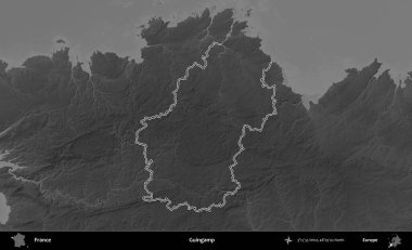 Guingamp. Gri tonlu yükseklik haritasında Fransa 'nın idari bölgesinin ana hatları çizilmiş