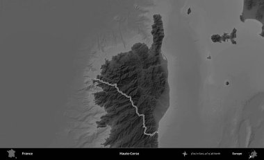Haute-Corse. Gri tonlu yükseklik haritasında Fransa 'nın idari bölgesinin ana hatları çizilmiş