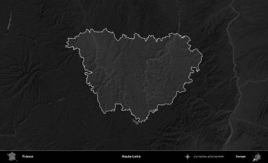 Haute-Loire 'da. Fransa 'nın idari alanı kararmış bir gri tonlama yükselme haritasına vurgulandı ve özetlendi