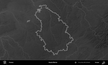 Haute-Marne. Gri tonlu yükseklik haritasında Fransa 'nın idari bölgesinin ana hatları çizilmiş