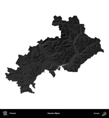 Hautes-Alpes. Fransa 'nın idari bölgesi gri ölçekli yükseklik haritasında beyaza izole edildi