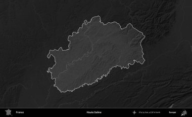 Haute-Saone. Fransa 'nın idari alanı kararmış bir gri tonlama yükselme haritasına vurgulandı ve özetlendi