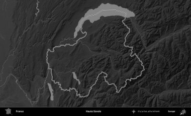 Haute-Savoie. Gri tonlu yükseklik haritasında Fransa 'nın idari bölgesinin ana hatları çizilmiş