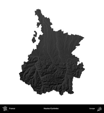 Hautes-Pyrenees 'de. Fransa 'nın idari bölgesi gri ölçekli yükseklik haritasında beyaza izole edildi