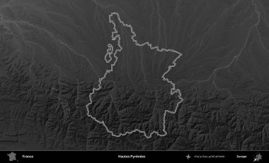 Hautes-Pyrenees 'de. Gri tonlu yükseklik haritasında Fransa 'nın idari bölgesinin ana hatları çizilmiş