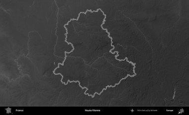 Haute-Vienne. Gri tonlu yükseklik haritasında Fransa 'nın idari bölgesinin ana hatları çizilmiş