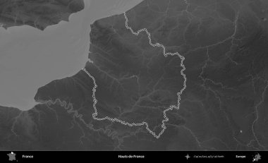Hauts-de-France. Gri tonlu yükseklik haritasında Fransa 'nın idari bölgesinin ana hatları çizilmiş
