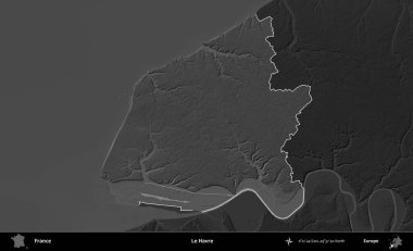 Le Havre. Fransa 'nın idari alanı kararmış bir gri tonlama yükselme haritasına vurgulandı ve özetlendi