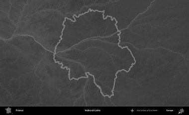 Indre-et-Loire. Gri tonlu yükseklik haritasında Fransa 'nın idari bölgesinin ana hatları çizilmiş