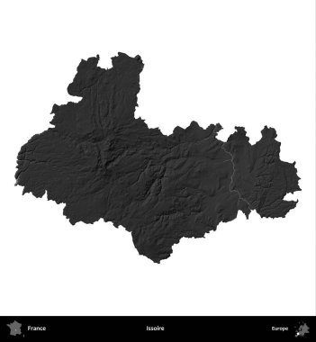 Issoire. Fransa 'nın idari bölgesi gri ölçekli yükseklik haritasında beyaza izole edildi