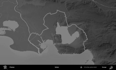 Istres. Gri tonlu yükseklik haritasında Fransa 'nın idari bölgesinin ana hatları çizilmiş