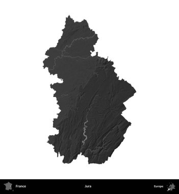 Jura. Fransa 'nın idari bölgesi gri ölçekli yükseklik haritasında beyaza izole edildi