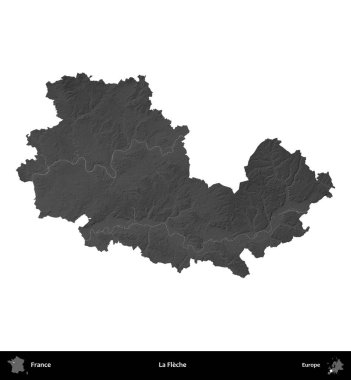 La Fleche. Fransa 'nın idari bölgesi gri ölçekli yükseklik haritasında beyaza izole edildi