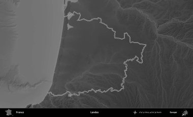 İniş. Gri tonlu yükseklik haritasında Fransa 'nın idari bölgesinin ana hatları çizilmiş