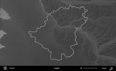 Langon. Gri tonlu yükseklik haritasında Fransa 'nın idari bölgesinin ana hatları çizilmiş