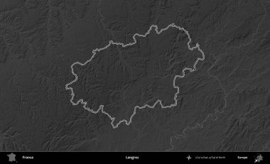 Langres. Gri tonlu yükseklik haritasında Fransa 'nın idari bölgesinin ana hatları çizilmiş
