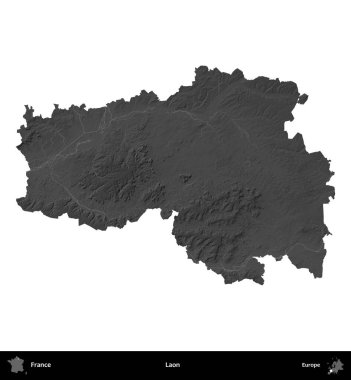 Laon. Fransa 'nın idari bölgesi gri ölçekli yükseklik haritasında beyaza izole edildi