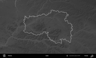 Laon. Gri tonlu yükseklik haritasında Fransa 'nın idari bölgesinin ana hatları çizilmiş