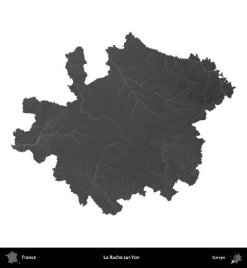 La Roche-sur-Yon. Fransa 'nın idari bölgesi gri ölçekli yükseklik haritasında beyaza izole edildi