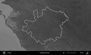 La Roche-sur-Yon. Gri tonlu yükseklik haritasında Fransa 'nın idari bölgesinin ana hatları çizilmiş