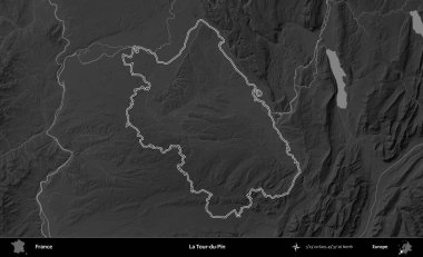 La Tour-du-Pin. Gri tonlu yükseklik haritasında Fransa 'nın idari bölgesinin ana hatları çizilmiş