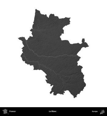 Le Blanc. Fransa 'nın idari bölgesi gri ölçekli yükseklik haritasında beyaza izole edildi
